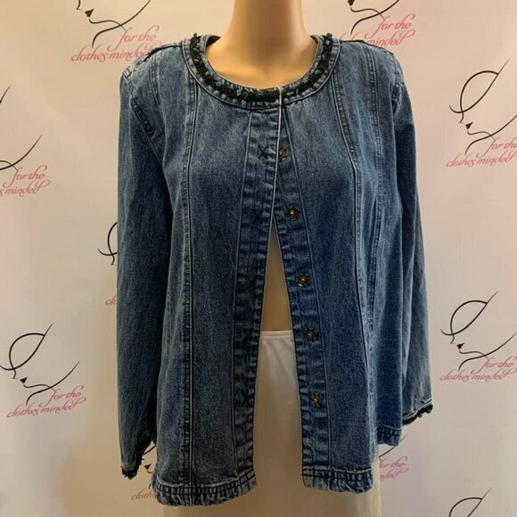 Choices. Size 1X. Embellished Beaded Denim Jacket. Unlined. Snap Front. B76 - Picture 1 of 5